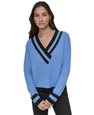 DKNY Jeans Women's Varsity V-Neck Relaxed Warm Cozy Sweater Pullover Blue Blk S - Image 1 of 4
