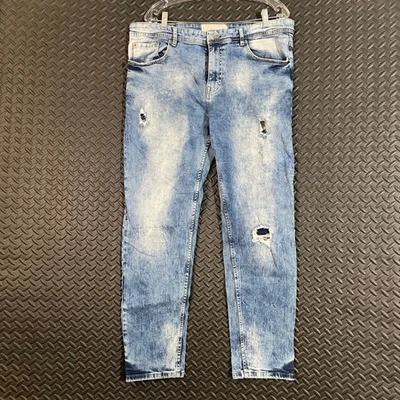 Akademiks Jeanius Blue Acid Wash Straight Leg Distressed Denim Jeans Men's 38X30 - Image 1 of 4