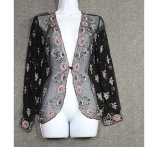 Vintage Silk Beaded Floral Cardigan Black Pink V Neck Sheer Boho Hippie - Picture 1 of 4