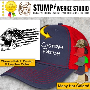 Custom Hat Trucker Baseball Cap Richardson Leather Patch Skull USA Flag Waving - Picture 1 of 21