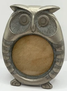 Vintage Zinn Eule klein rund stehend Bilderrahmen Wohndeko Kitsch - Bild 1 von 5