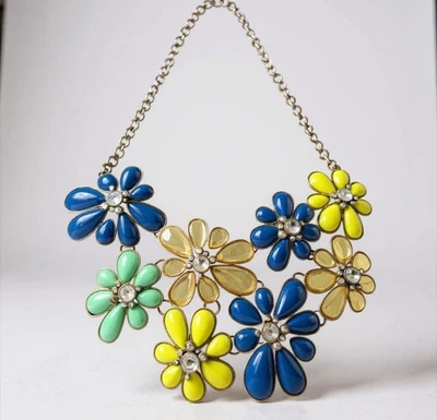 Collar Vintage J.Crew Floral Flor Distintivo Azul Amarillo Plata Verde azulado Foto 1 de 4