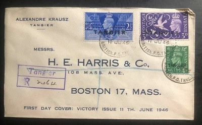 1946 Tangier British Agencies First Day Cover FDC To Boston Ma USA Victory Issue - Image 1 of 2