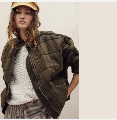 Free People 女式 Dolman 绗缝针织深绿色夹克 XS — 第 1/4 张图片