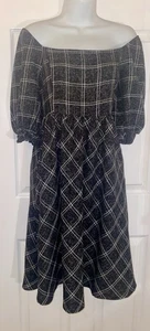 Calista Midi Black& White Checkered Bodice Dress With Puff Sleeves Medium New - Picture 1 of 8