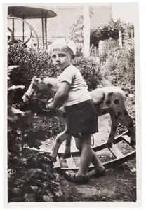 Children with vintage toys and dolls, little boy on wooden rocking horse +6781E - Picture 1 of 1