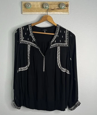 Lucky Brand Top Shirt  Embroidered Split Neck Blouse Black Womens M - Image 1 of 4