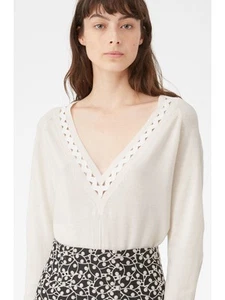 REBECCA TAYLOR Womens Beige Stretch Low Cut Ribbed Long Sleeve V Neck Blouse M - Picture 1 of 9