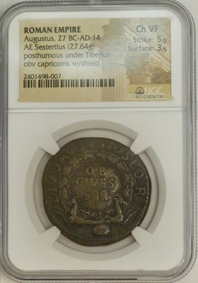 Imperio Romano Augusto 27 aC-14 dC Sestercio Ch en estado bastante bueno NGC 943115-8 Foto 1 de 4