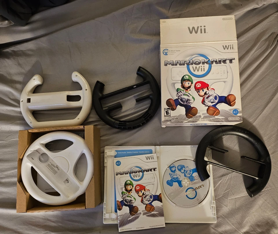 Mario Kart Wii Big Box CIB Bundle with 4 Wii Wheels - Complete in Box - Image 1 of 4