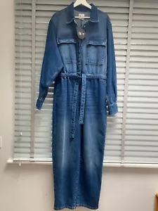 DONNA IDA Tuta Denim UK 14 Large Molto Relaxed Free Spirit Cintura Blu Lunga - Foto 1 di 12