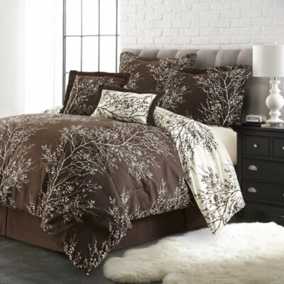 Chocolate Brown White Nature Trees Branches 6pc Comforter Set Queen King Bedding - Image 1 of 2