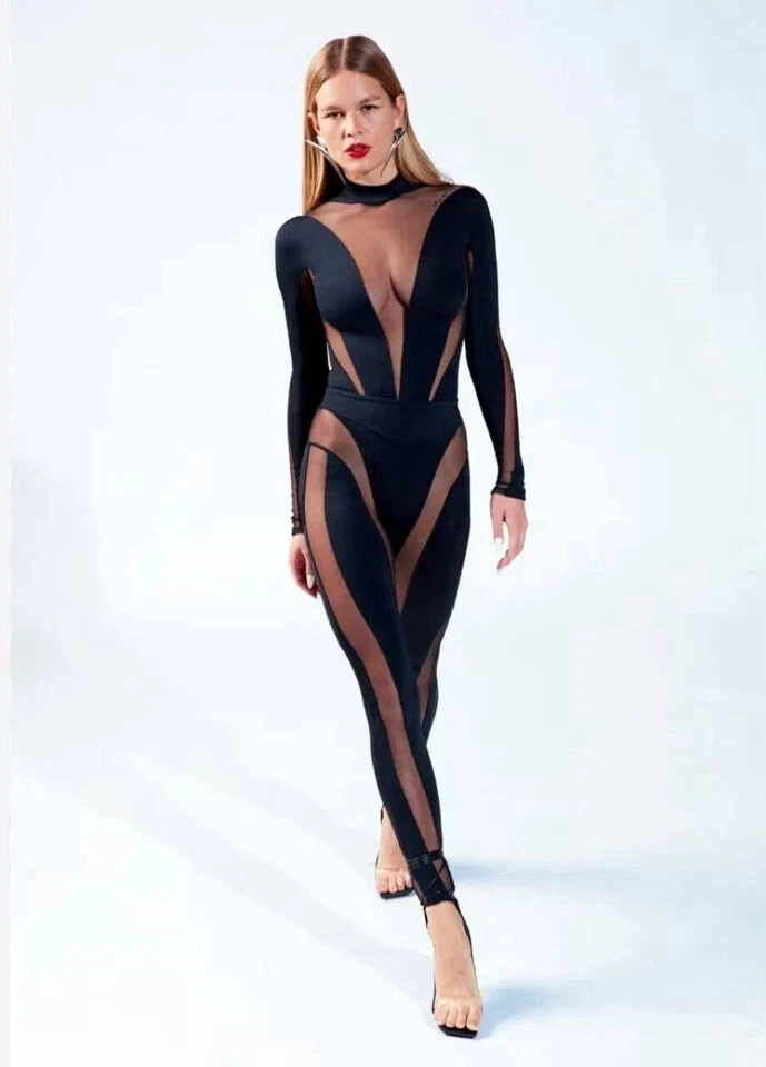 New Mugler HM H&M Black Mesh-panelled Stirrup Leggings Size US 2 4 EU 34 36 - Image 1 of 4