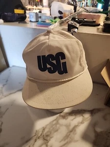 Vintage USG Gypsum Sheetrock Leather Strapback Rope Hat White Ball Cap - Picture 1 of 12