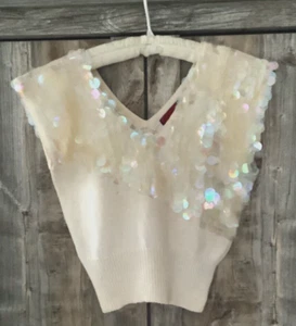 Suéter de lentejuelas vintage Crescendo crema sin mangas cuello en V profundo para mujer S - Imagen 1 de 24