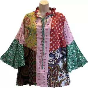 Hilos Sagrados Hippie Boho Festival Patchwork Manga de Campana Cerradura Top 223017 S/M - Imagen 1 de 5