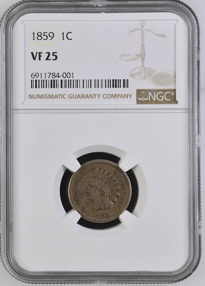 1859 Indian Head Cent 1C - NGC VF 25 Nice Sraight Grade WIthout Shield - Image 1 of 2
