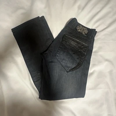 DO DENIM Men DARK BLUE EMBROIDERED LEATHER SLIM STRAIGHT FIT JEANS 32x32 - Image 1 of 4