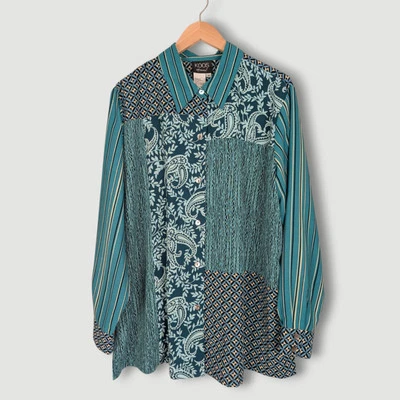 Vtg Koos Of Course 1X Teal Geo Floral Paisley Art To Wear Button Up Shirt - Image 1 of 4