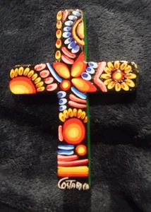 FOLK ART CROSS  HAND PAINTED 4 1/2 TALL BY 3 1/4 WIDE MADE IN COSTA RICA - WOOD - Picture 1 of 2