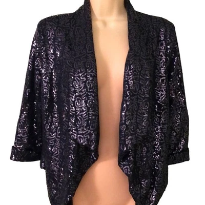 Ya LosAngeles Navy Blue Sequin Cropped Jacket Woman Size Medium Open Front - Image 1 of 4
