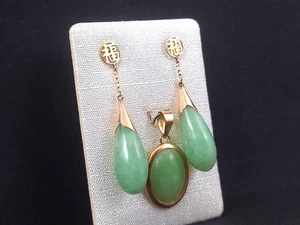 Exquisitos pendientes colgantes y colgantes para mujer, jadeíta china en oro de 14k - Imagen 1 de 7