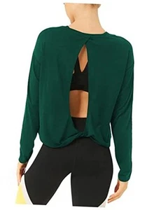 Long Sleeve Workout Shirts Yoga Dance Tops Open Back Athletic Small Deep Green - Picture 1 of 6