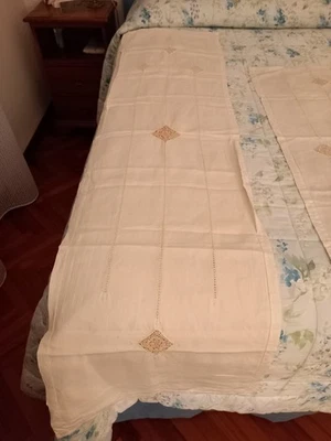 Tende 2pz In Puro Lino Con Ricami Fatto  A Mano 43x170 - Immagine 1 di 2