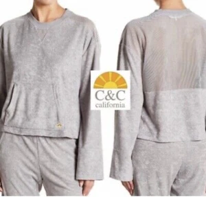 C&C California Gray Terrycloth Mesh Insert Bell Sleeve Pullover Sweater Pocket L - Picture 1 of 7