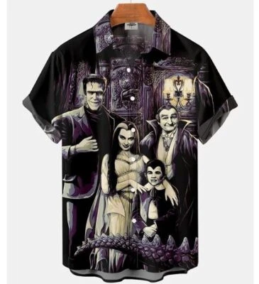 Camisa havaiana com botões estampada Frankenstein família e amigos filme Munsters - Imagem 1 de 2