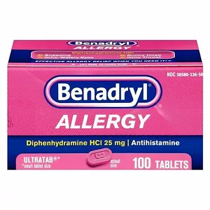 Benadryl Allergy Relief Ultratabs Tablet Small Size 25 mg 100 Count Pack of 2 - Picture 1 of 9