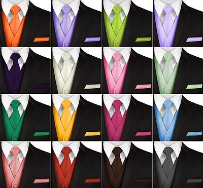 Men's Solid Satin Formal Dress Tuxedo Vest, Tie and Hankie Set. Wedding, Prom - Image 1 of 2
