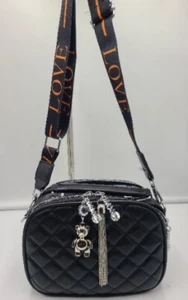 Quilted Mini TOTE Bag VEGAN Leather CROSSBODY Purse Black SILVER TASSELS - Picture 1 of 11
