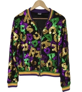 Mardi Gras Letters Tri-Colored Sequin Bomber Jacket - Picture 1 of 2