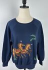 Sweat-shirt vintage années 80 Cyn Les M conte de fées cheval applique marine bleu raglan TROUS