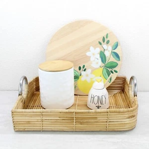 Bandeja de caña de ratán en forma de hoja con asas de acero, decoración de lujo para el hogar, natural - Imagen 1 de 5