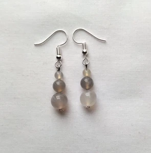 Gray Agate Beaded Dangle Stick Earrings Handmade Silver Tone Hook Boho Chic Mod - Picture 1 of 4