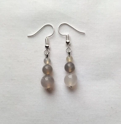 Pendientes Colgantes Gris Ágata Cuentas Hechos a Mano Tono Plata Gancho Boho Chic Mod Foto 1 de 4