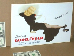 GOODYEAR RUBBER -- Pretty Girl - TIN SIGN - Shoe Soles - EMBOSSED & ROLLED EDGES - Picture 1 of 10