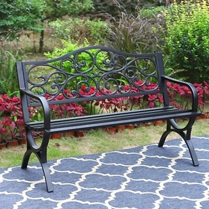 MFSTUDIO 50 Inches Outdoor Garden Bench,Cast Iron Metal Frame Patio Park Bench - Picture 1 of 2