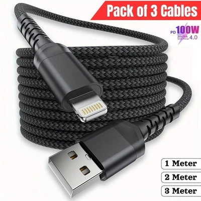 Heavy Duty Braided Long USB Fast Charger Cable Lead For iPhone 14 13 12 11 X 8 7 - Image 1 of 4