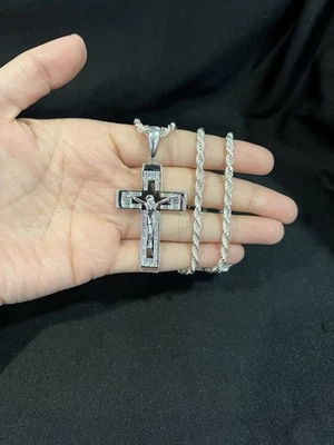 Кулон и веревочная цепочка из стерлингового серебра 925 пробы мужские женские крест распятие фианиты 20 24 30 - Изображение 1 из 4