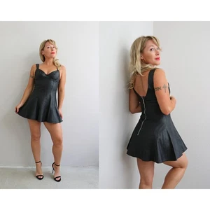 Y2K Vintage Black Leather Biker Mini Dress Women's XS SM Bustier Top Gothic Sexy - Picture 1 of 10