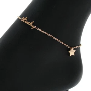 Stainless Steel 8"-10" Rose Gold Plated "Lucky" Star Ankle Bracelet Anklet - Picture 1 of 4