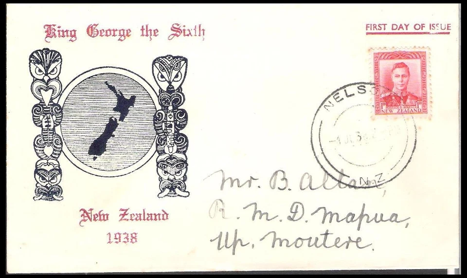 NEW ZEALAND 1938 KGVI 1d BLUE/RED MAP FDC (JF-F) - Image 1 of 1