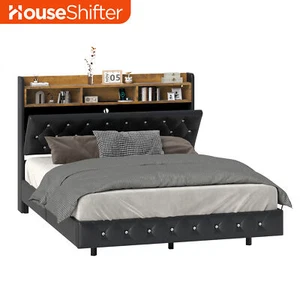 Queen LED Floating Bed Frame with Headboard Storage & Built-in Charging Station - Picture 1 of 10