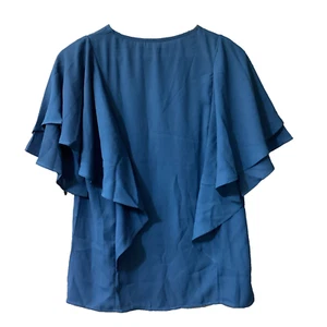 Fanway & EC Women's Short Sleeve Round Neck Blouse Ruffle Front Size Small Blue - Picture 1 of 4