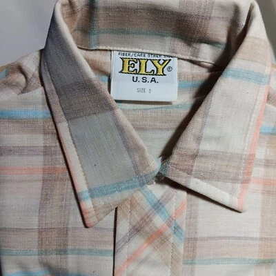 CAMISA HIPPY DELGADA A CUADROS ROSA/AZUL ELY BOYS 2T Vintage Años 70 EE. UU. NUEVA Foto 1 de 4