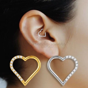 Silver Gold Titanium Surgical Steel 8MM Clicker Hinged Daith Heart Piercing 1pc - Picture 1 of 38