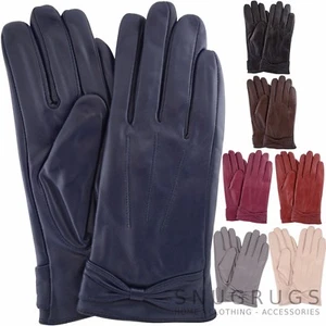 LADIES BUTTER SOFT PREMIUM REAL LEATHER GLOVES WITH BOW & 3 POINT STITCH DESIGN - Picture 1 of 14